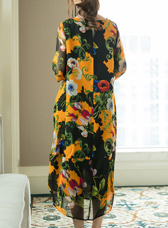 Silk Casual Flower Print Shift Dress