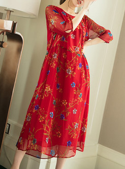 Red Silk Floral Print Shift Dress