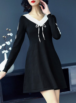 Black Slim Splicing A-line Knitted Dress