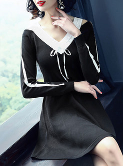 Black Slim Splicing A-line Knitted Dress