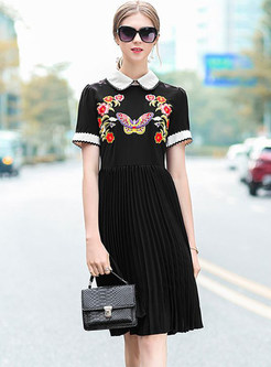 Black Butterfly Embroidered Lapel A-line Dress