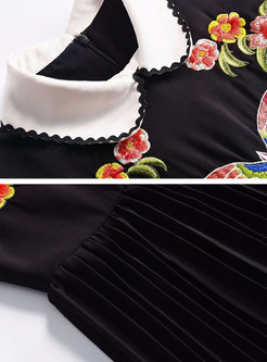 Black Butterfly Embroidered Lapel A-line Dress