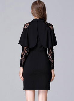 Black Lace Cape-sleeve A-line Dress