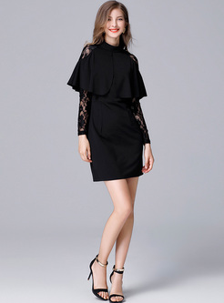 Black Lace Cape-sleeve A-line Dress