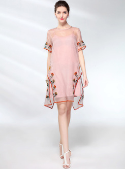 Chic Mesh Embroidery Shift Dress With Underskirt