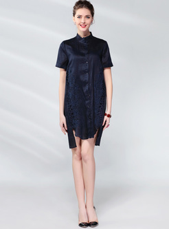 Brief Embroidery Asymmetric Hem Shirt Dress