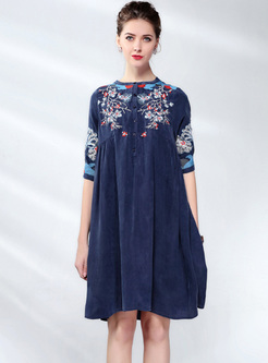 Blue Embroidery Half Sleeve Shift Dress