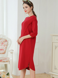 Red Tassel Half Sleeve Knitted Dress