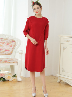 Red Tassel Half Sleeve Knitted Dress