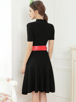 Black High Neck Short Sleeve Slim A-line Dress