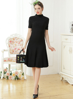 Black High Neck Short Sleeve Slim A-line Dress