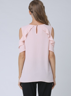 Pink Off Shoulder O-neck T-shirt