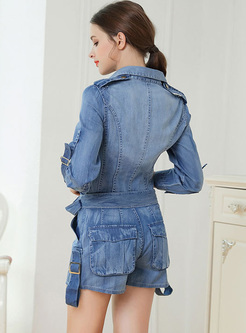 Chic Single-breasted Denim Rompers