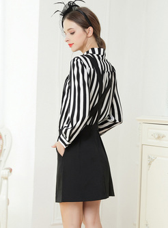Striped Lapel Blouse & Black Overall