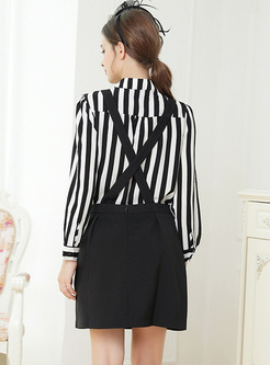 Striped Lapel Blouse & Black Overall