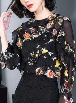 Floral Print Flare Sleeve Blouse
