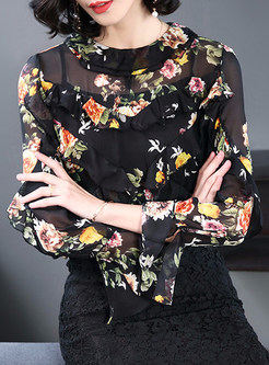 Floral Print Flare Sleeve Blouse