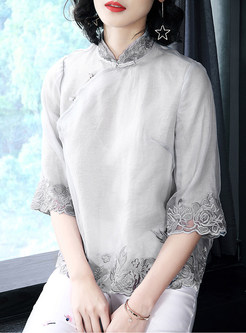 Vintage Embroidered Stand Collar Blouse