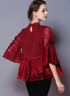 Wine Red Nail Bead Hollow Out Blouse