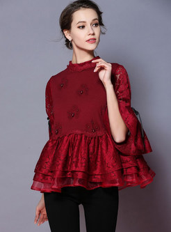 Wine Red Nail Bead Hollow Out Blouse