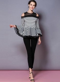 Black Striped Lacing Flare Sleeve Blouse