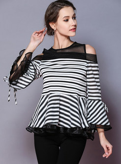 Black Striped Lacing Flare Sleeve Blouse