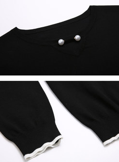 Black Nail Bead V-neck Knitted Sweater