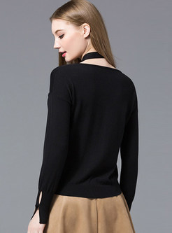 Black V-neck Slit Long Sleeve Sweater