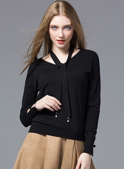 Black V-neck Slit Long Sleeve Sweater