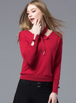 Red Gathered Waist V-neck Knitted Sweater