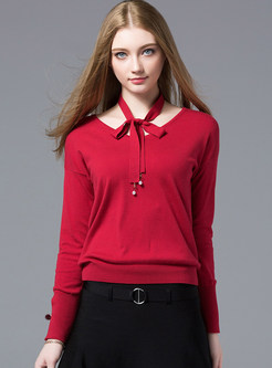 Red Gathered Waist V-neck Knitted Sweater