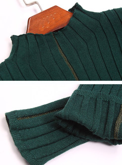 Green Slim Stand Collar Knitted Sweater
