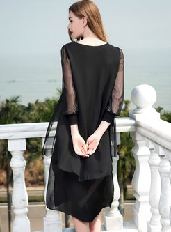 Pure Black Asymmetric Grade Silk Shift Dress 