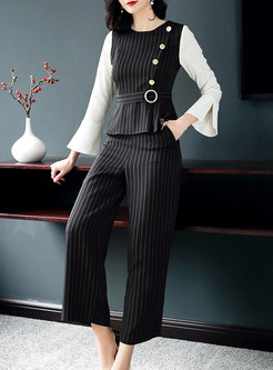 Black Flare Sleeve Splicing Two-piece Outfits