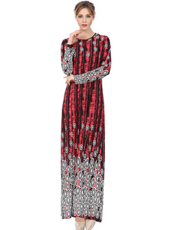 Ethnic Slim Print O-neck Maxi Dress