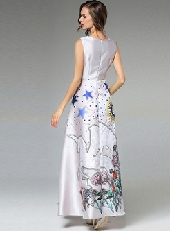 Elegant Sleeve Multicolor Print Maxi Dress