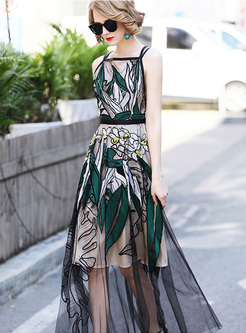 Street Mesh Embroidery Maxi Dress