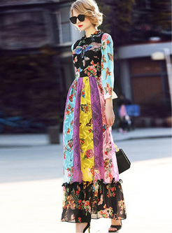 Chic Floral Print Falbala Maxi Dress