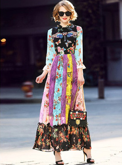 Chic Floral Print Falbala Maxi Dress