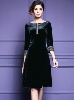 Black Embroidery Beaded A-line Dress