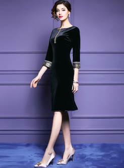 Black Embroidery Beaded A-line Dress
