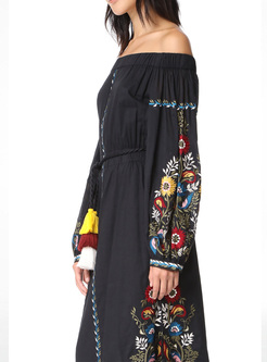 Bohemia Embroidery Slash Neck A-line Dress