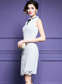 White Stand Collar Lace Bodycon Dress