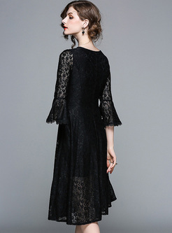 Black Lace Flare Sleeve A-line Dress