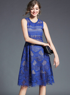 Blue Lace Sleeveless Slim A-line Dress