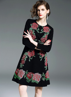 Vintage Rose Embroidery A-line Dress