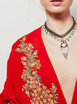 Red Bohemia Embroidered Deep V-neck Mini Dress
