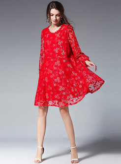 Red Lace V-neck Perspective Shift Dress