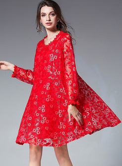 Red Lace V-neck Perspective Shift Dress