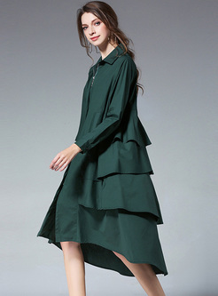 Green Asymmetric Hem Loose Shirt Dress